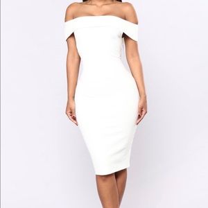 fashionnova + chantel off shoulder dress + white